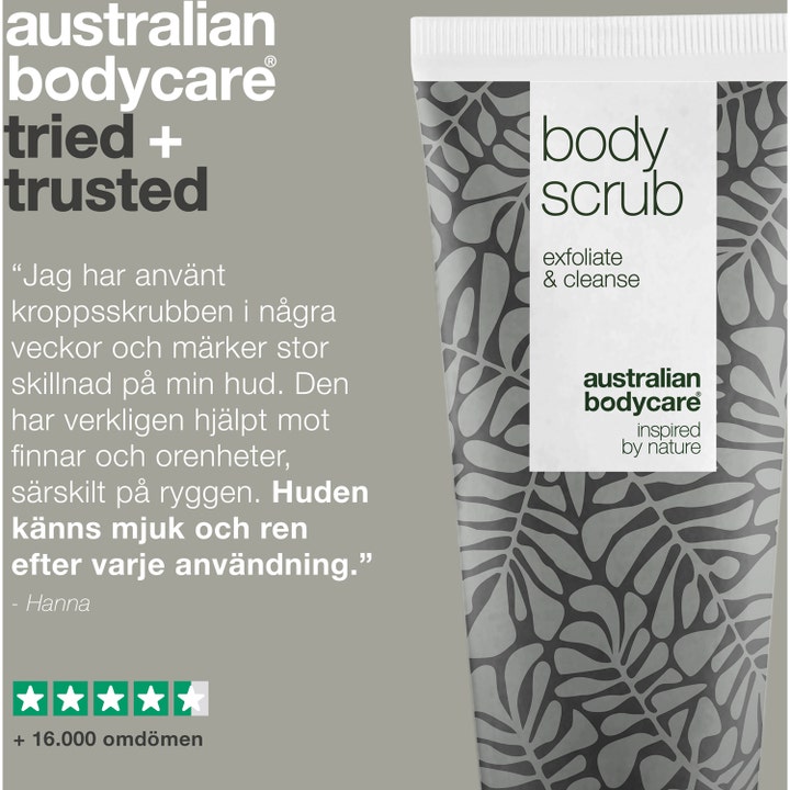 Australian Bodycare Body Scrub 200 ml med Tea Tree Oil i tube med mønster og kundeanmeldelse.