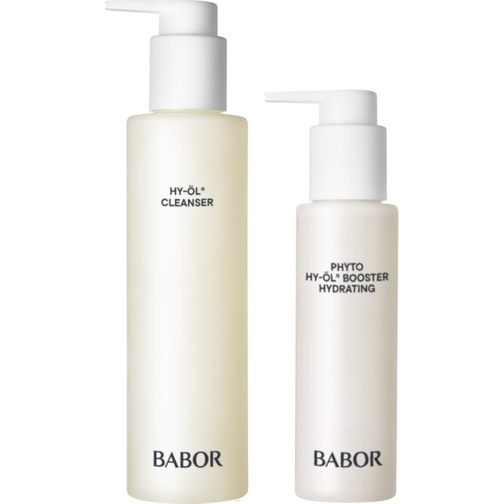 Babor HY-ÖL Cleanser og Phyto Booster Hydrating fugtgivende ansigtsrens i to frostede hvide flasker med pumper