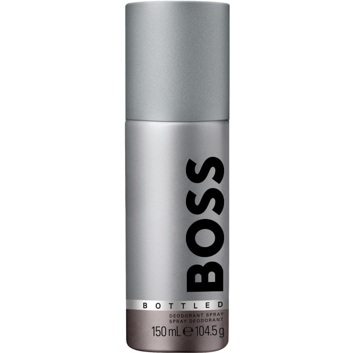 Hugo Boss Bottled 150 ml deodorant spray der giver friskhed i en elegant sølvfarvet spraydåse med sorte detaljer.
