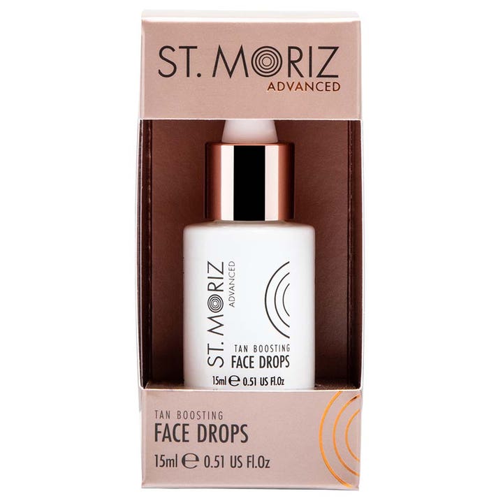 St. Moriz Advanced Tan Boosting Face Drops 15 ml selvbruner dråber i hvid flaske med flot rosaguld låg og æske