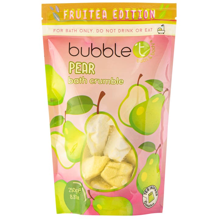 Bubble T Pear Bath Crumble 250g velduftende badeprodukt i lyserød pose med pæreillustrationer og kig til indholdet