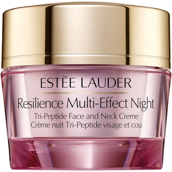 Estée Lauder Resilience Multi-Effect Night opstrammende natcreme i lyserød glaskrukke med elegant guldlåg.