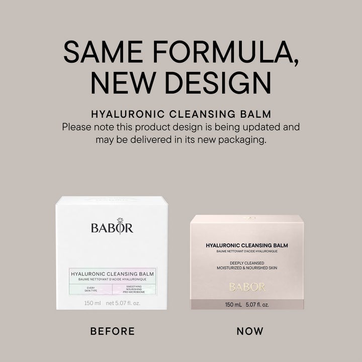 Babor Hyaluronic Cleansing Balm 150 ml fugtgivende ansigtsrens vist med nyt beige og gammelt hvidt design.