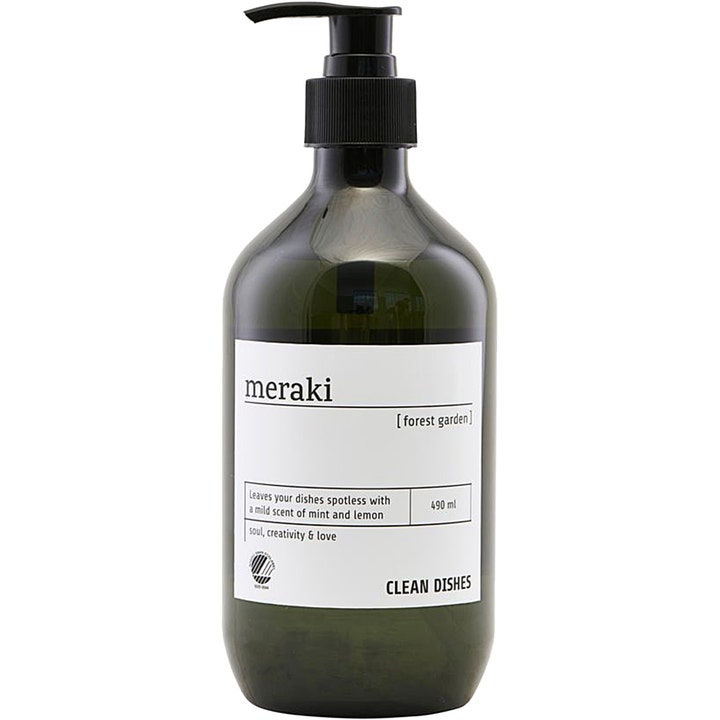 Meraki Forest Garden Clean Dishes 490 ml opvaskemiddel i mørkegrøn flaske med sort pumpe giver skinnende rent opvask