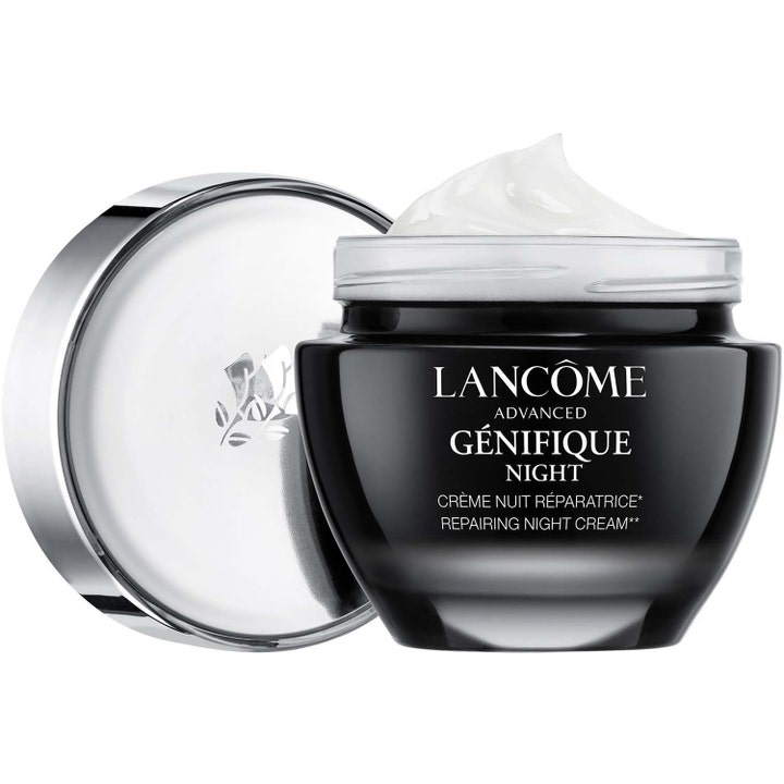 Lancôme Advanced Génifique Night 50 ml reparerende natcreme i sort glaskrukke med hvid creme og sølvlåg