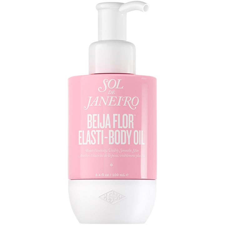 Sol de Janeiro Beija Flor Elasti-Body Oil 100 ml kropsolie der øger elasticitet i en lyserød flaske med hvid pumpe