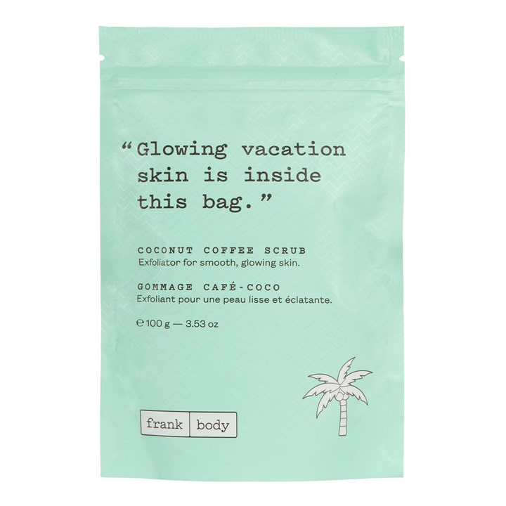 Frank Body Coconut Coffee Scrub 100 g kropspeeling i en lysegrøn genlukkelig pose der giver huden glød
