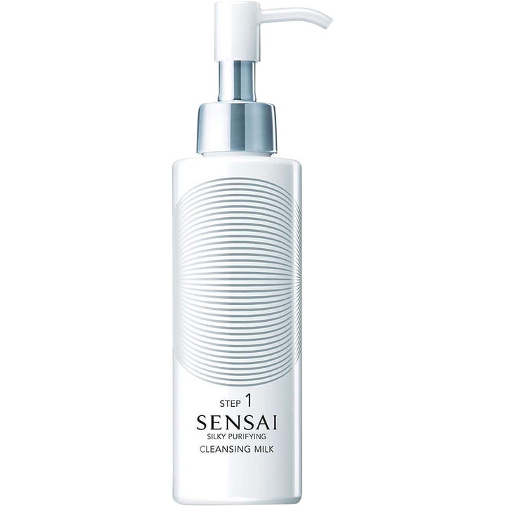 Sensai Silky Purifying Cleansing Milk rensende ansigtsrens i hvid flaske med sølvfarvet pumpe og cirkulært mønster.