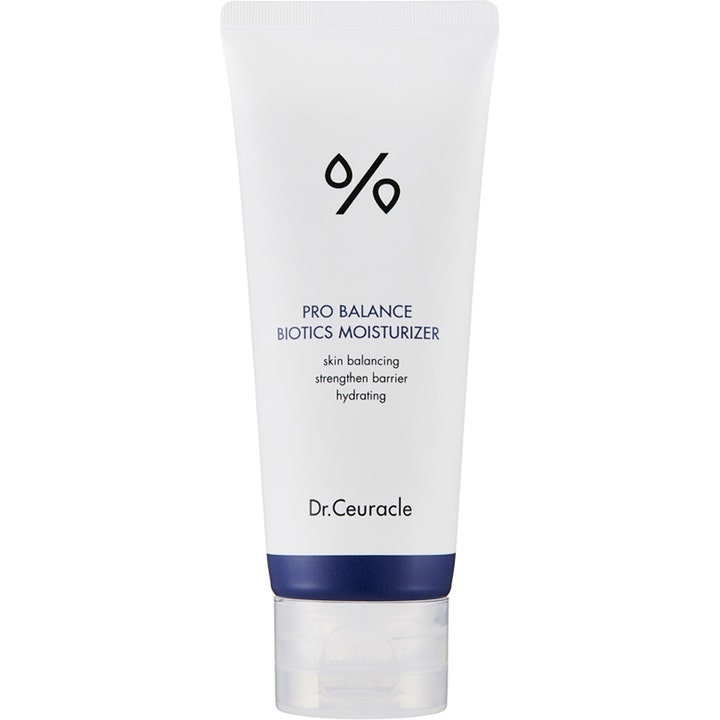 Dr. Ceuracle Pro Balance Biotics Moisturizer balancerende ansigtscreme i hvid tube med blåt bånd og gennemsigtigt låg