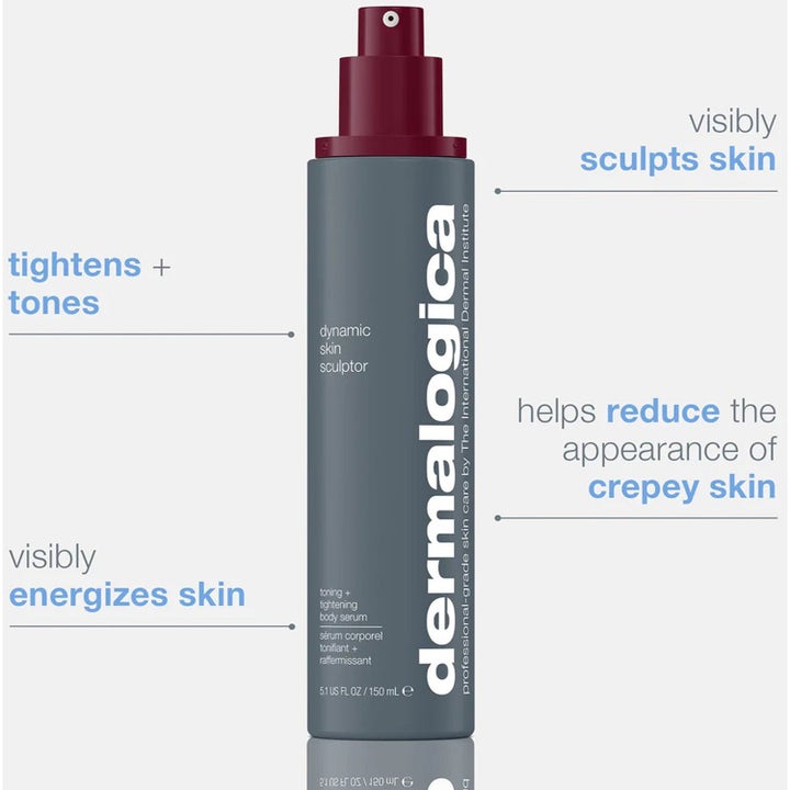 Dermalogica Dynamic Skin Sculptor 150 ml opstrammende kropsserum i grå flaske med bordeauxrød top der toner huden.