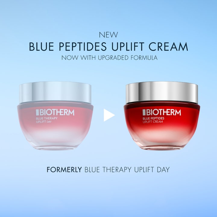 Biotherm Blue Peptides Uplift Cream 30 ml opstrammende ansigtscreme i rød glaskrukke med sølvlåg og nyt design