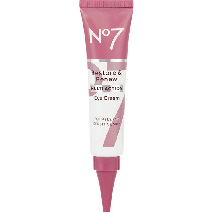 No7 Restore & Renew Multi Action Eye Cream 15 ml styrkende øjencreme i hvid og lyserød tube med præcis spids
