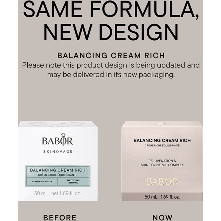 Babor Balancing Cream rich 50 ml ansigtscreme i glaskrukke på podie ved siden af serum og creme.