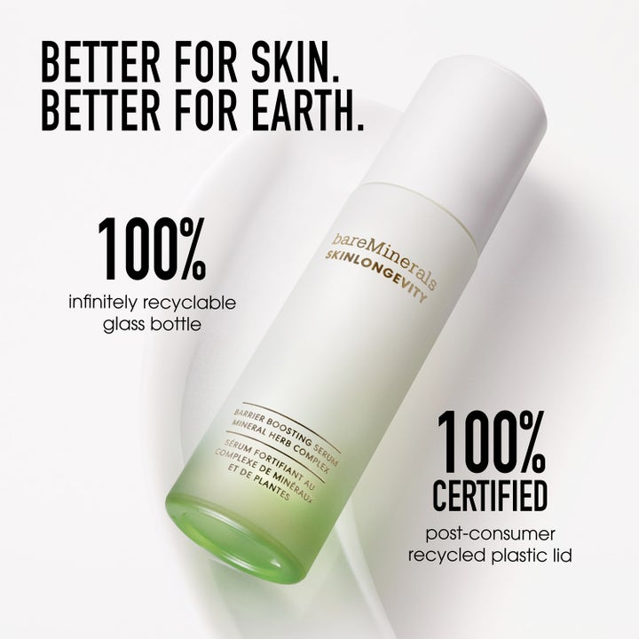 bareMinerals Skinlongevity Barrier Boosting Serum 50 ml styrkende serum i en genanvendelig hvid og grøn glasflaske.