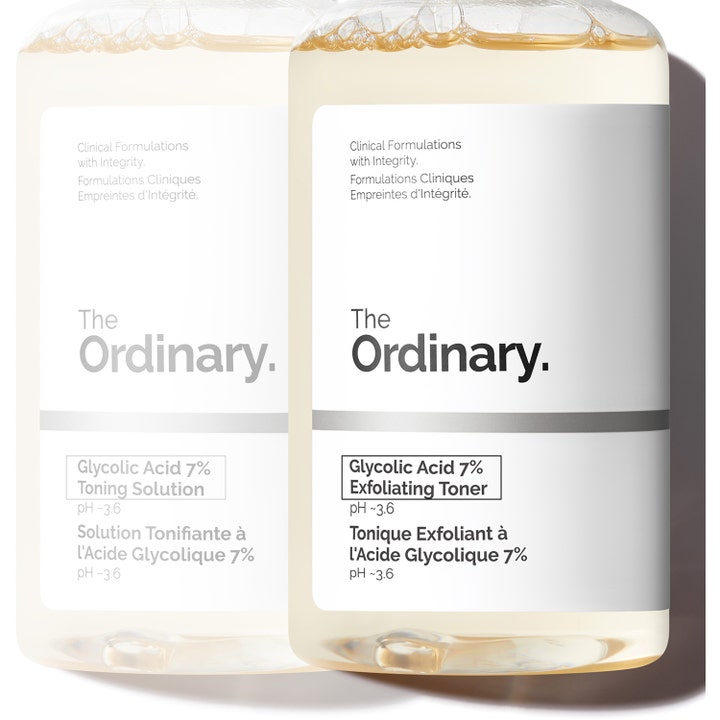 The Ordinary Glycolic Acid 7% Exfoliating Toner 240 ml eksfolierende toner i to klare flasker med lysegul væske
