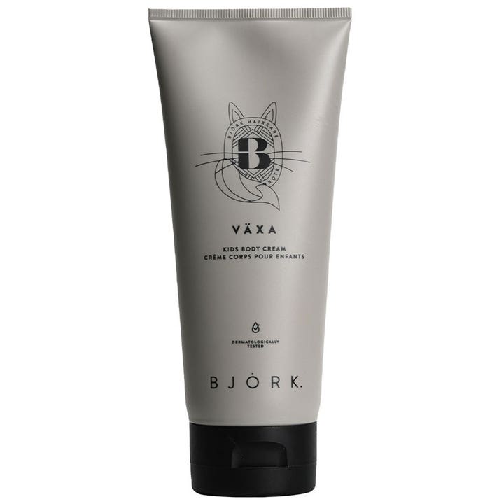 Björk Växa Kids Body Cream 200 ml blødgørende kropscreme i en mat grå tube med sort låg og kattelogo