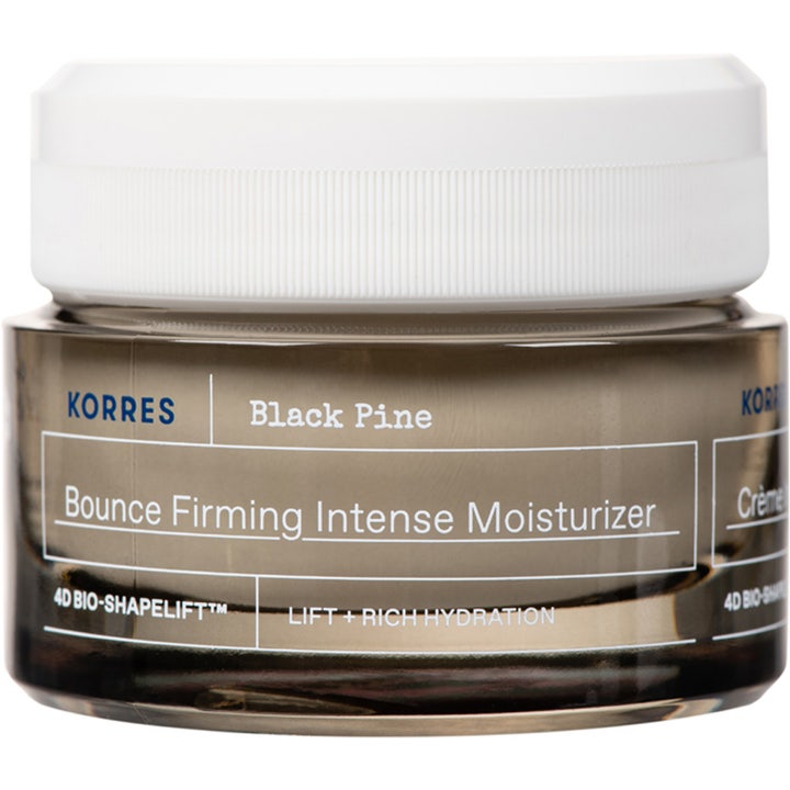 Korres Black Pine Bounce Firming Intense Moisturizer 40ml opstrammende ansigtscreme i mørk glasrukke med hvidt låg