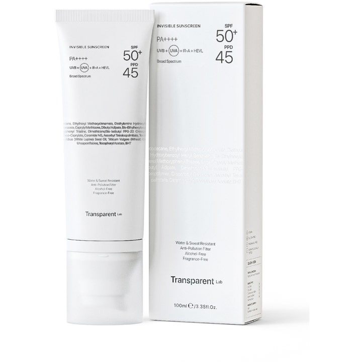Niche Beauty Lab Transparent Lab Invisible Sunscreen 100 ml solcreme i hvid tube og æske med SPF 50+