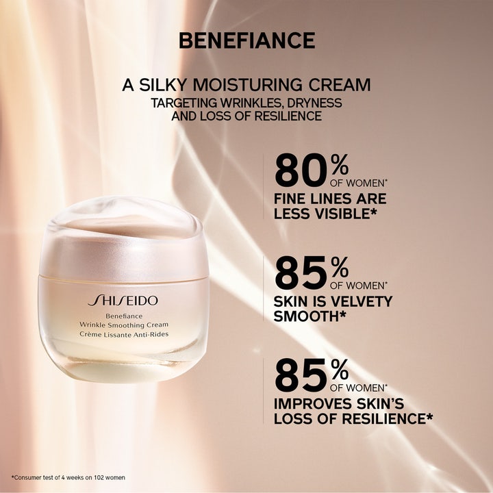 Shiseido Benefiance Wrinkle Smoothing Cream 50 ml fugtgivende ansigtscreme i krukke med infografik om resultater