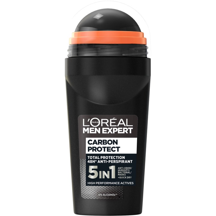 L'Oréal Men Expert Carbon Protect 50 ml anti-perspirant deodorant i sort roll-on flaske med orange detalje