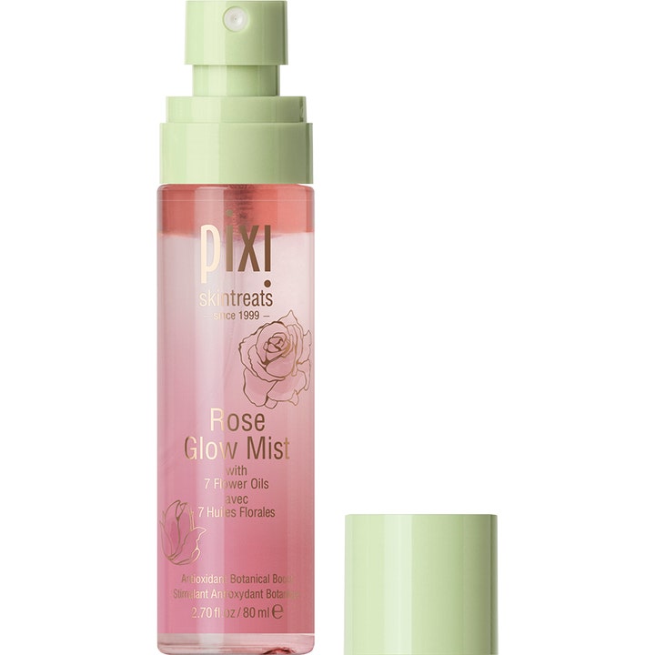 Pixi Rose Glow Mist 80 ml fugtgivende face mist med roseolie i gennemsigtig sprayflaske med grønt låg