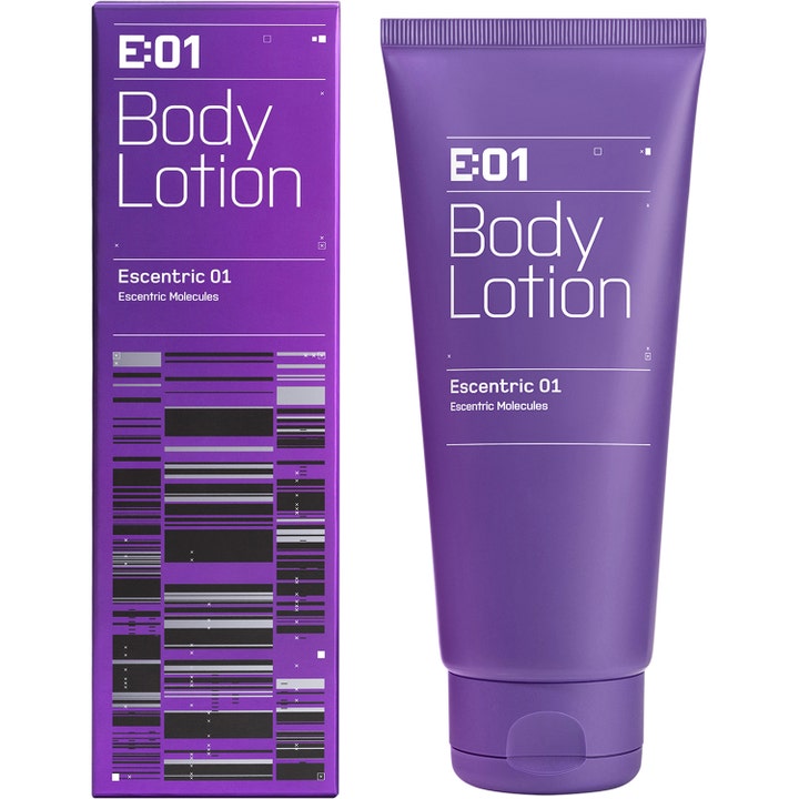 Escentric Molecules Escentric 01 Body Lotion 200 ml kropspleje i lilla tube og æske med grafisk mønster