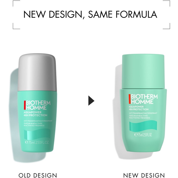 Biotherm Homme Aquapower 75 ml antiperspirant deodorant viser nyt og gammelt design i mintgrøn emballage