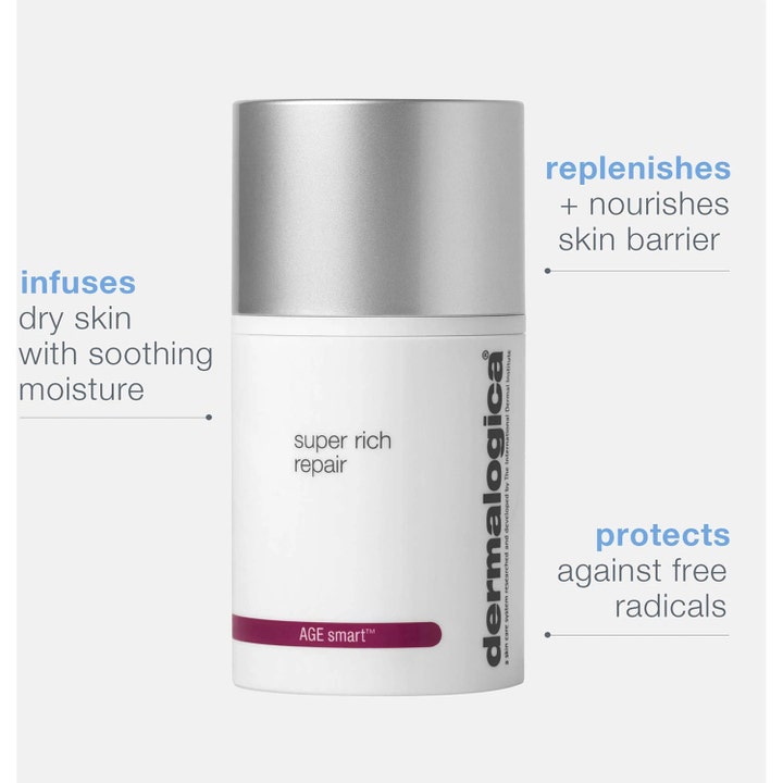 Dermalogica AGE smart Super Rich Repair 50 ml fugtgivende ansigtscreme i hvid flaske med sølvlåg og tekst om hudbarriere.