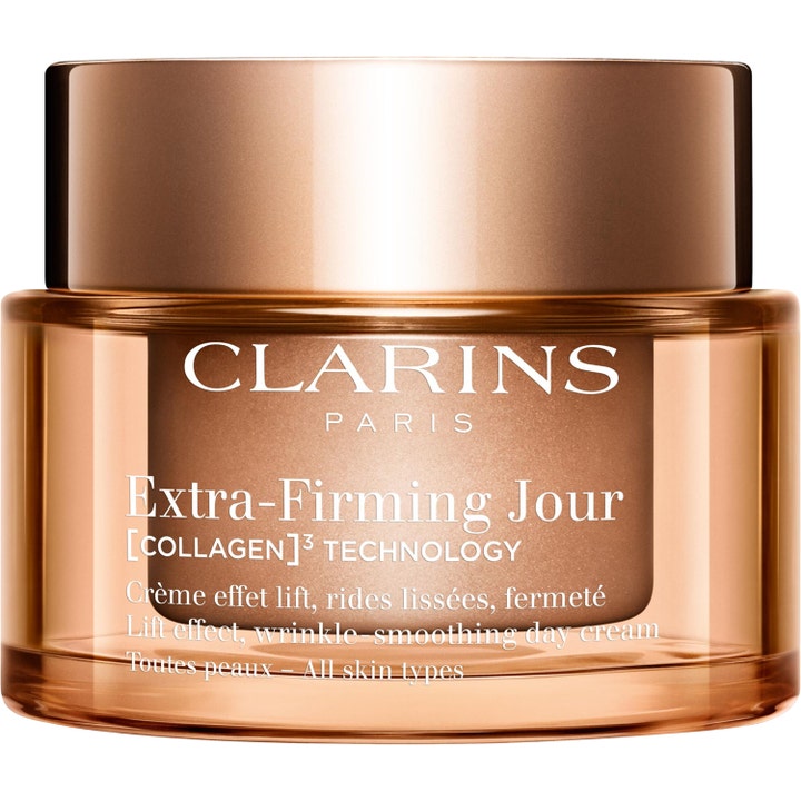 Clarins Extra-Firming Jour 50 ml opstrammende dagcreme i en elegant bronzefarvet glaskrukke med metallåg.