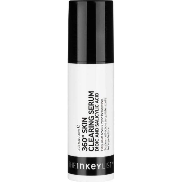 The Inkey List 360° Skin Clearing Serum 30ml mod urenheder i en hvid cylinderformet flaske med sort låg.