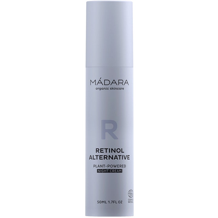 Mádara Retinol Alternative 50 ml plantebaseret natcreme der giver fornyet glød i en slank grå cylinderflaske.