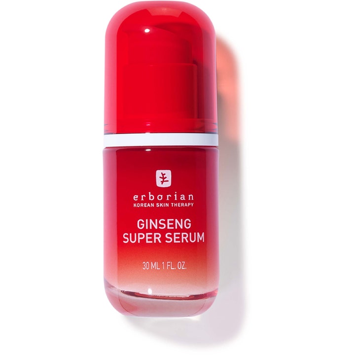 Erborian Ginseng Super Serum 30 ml opstrammende ansigtsserum i rød glasflaske med pumpe og hætte