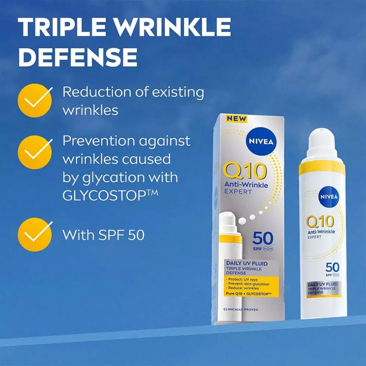 NIVEA Q10 Anti-Wrinkle Expert 40 ml dagcreme med SPF 50 mod rynker vist med emballage og pumpeflaske