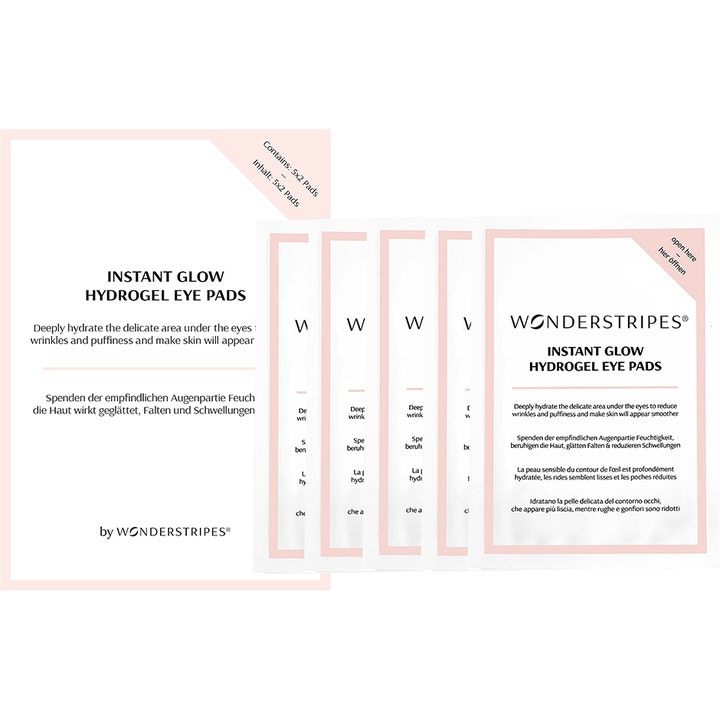 Wonderstripes Instant Glow Hydrogel Eye Pads 5 stk fugtgivende øjenmaske i hvide og lyserøde breve der mindsker hævelser