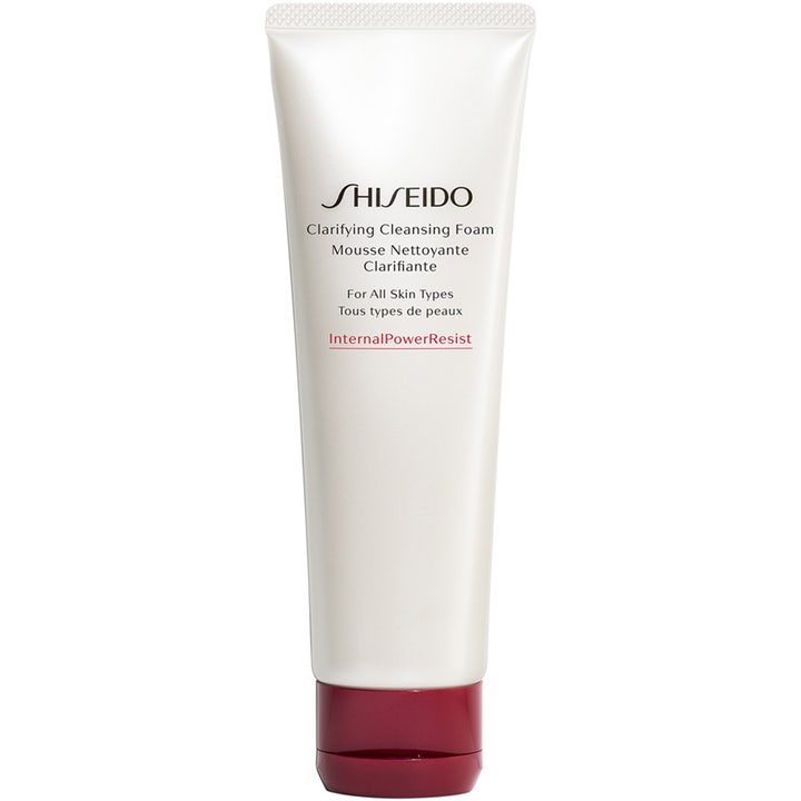 Shiseido Clarifying Cleansing Foam 125 ml dybderensende ansigtsvask i hvid tube med mørkerødt låg