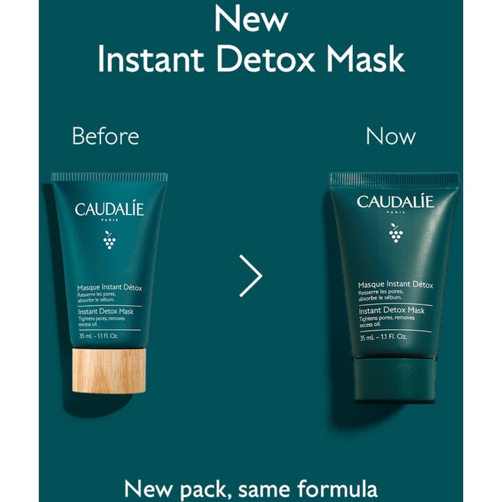 Caudalie Instant Detox Mask 35 ml pore-rensende ansigtsmaske viser ny indpakning med mørkegrønt låg