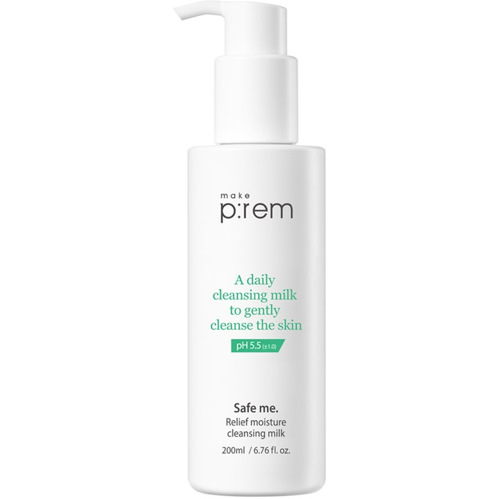 make p:rem Safe me. Relief moisture cleansing milk 200ml beroligende rensemælk i hvid plastflaske med pumpe