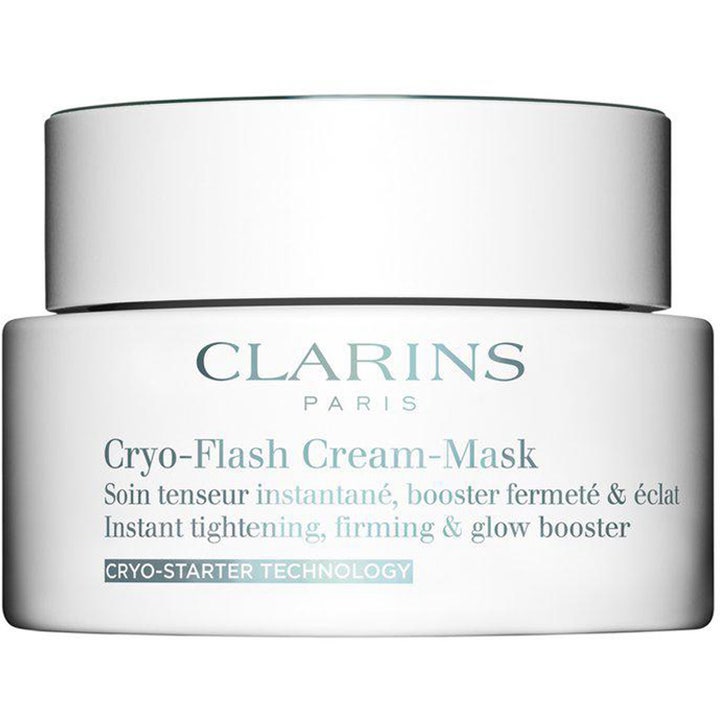 Clarins Cryo-Flash Cream-Mask opstrammende ansigtsmaske i elegant hvid krukke med sølvfarvet låg som giver glød