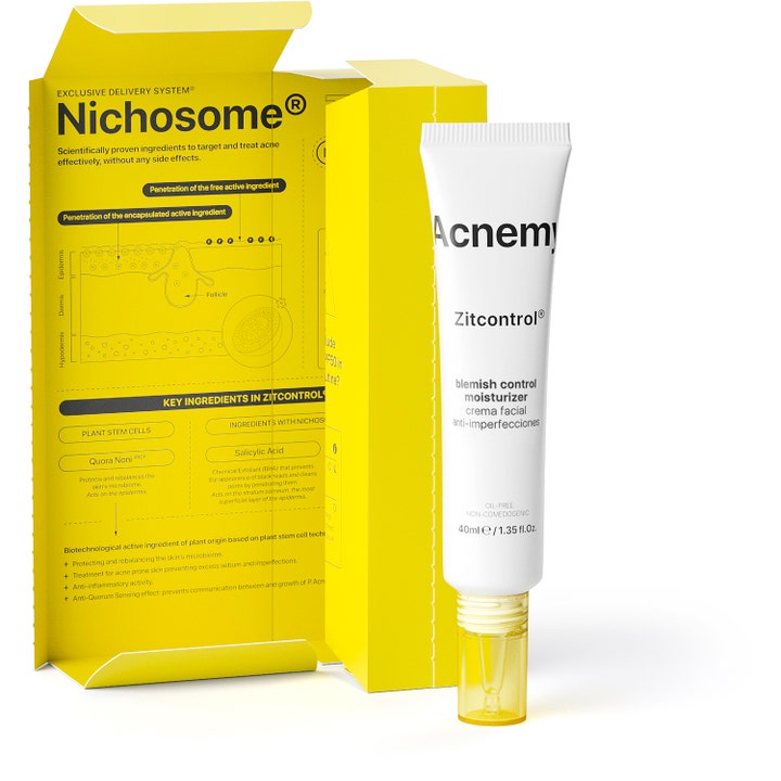 Niche Beauty Lab Acnemy Zitcontrol 40 ml ansigtscreme i hvid tube med gul æske der bekæmper urenheder