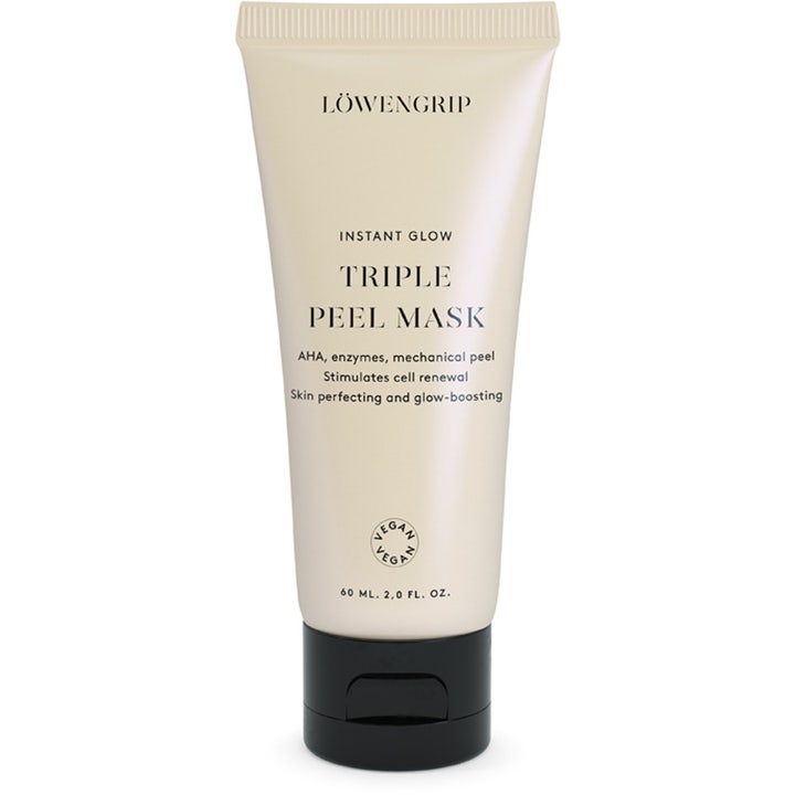 Löwengrip Instant Glow Triple Peel Mask 60 ml eksfolierende ansigtsmaske der giver glød i en beige tube med sort låg