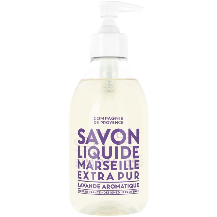 Compagnie de Provence Savon Liquide Marseille 500 ml beroligende lavendel håndsæbe i klar flaske med hvid pumpe og lilla tekst