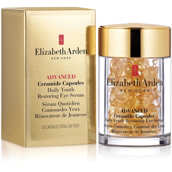 Elizabeth Arden Advanced Ceramide Capsules 60 stk opstrammende øjenserum i guldæske og klar krukke med kapsler