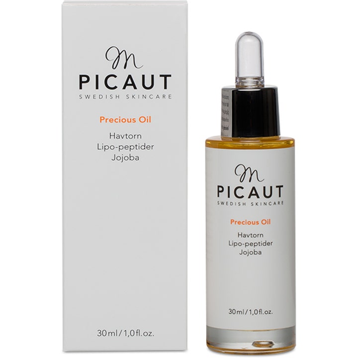 M Picaut Swedish Skincare Precious Oil 30 ml ansigtsolie med havtorn og lipo-peptider i glasflaske med hvid æske.