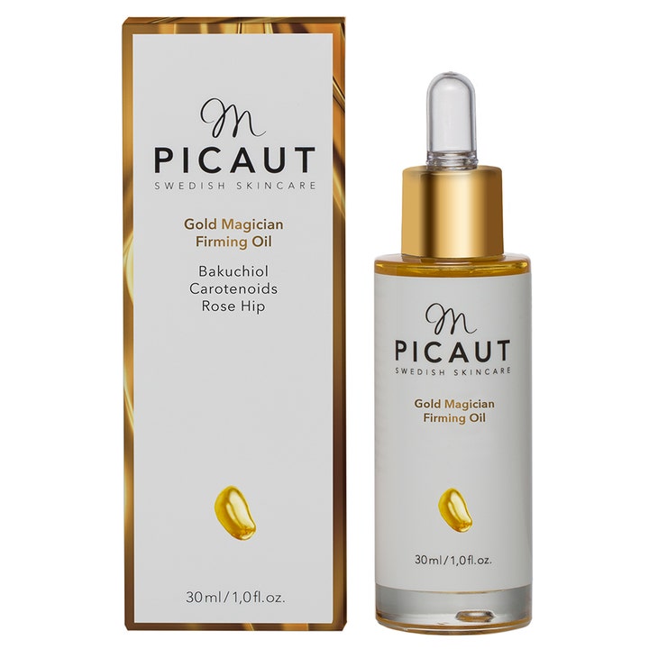 M Picaut Gold Magician Firming Oil 30 ml opstrammende ansigtsolie i glasflaske med guldlåg og pipette