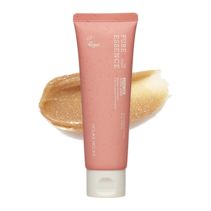 Holika Holika Pure Essence Apple Jam Scrub Mask 80 g eksfolierende maske i lyserødt tube med gylden geltekstur bag.