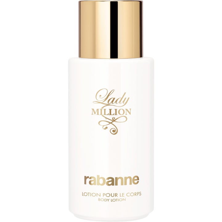 Rabanne Lady Million Body Lotion fugtgivende kropspleje i en elegant hvid flaske med skinnende guldlåg.