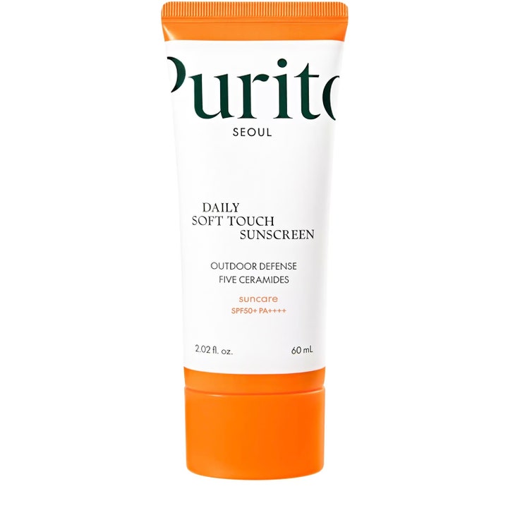 Purito Seoul Daily Soft Touch Sunscreen 60 ml beskyttende solcreme med ceramider i hvid tube med orange låg