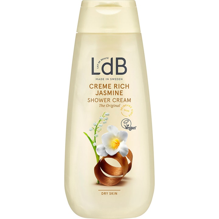 LdB Creme Rich Jasmine 250ml fugtgivende showercreme til tør hud i cremehvid flaske med hvide blomster