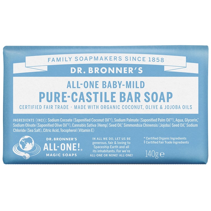 Dr. Bronner's Baby-Mild Pure-Castile Bar Soap 140g mild økologisk fast sæbe i lyseblå papiremballage til følsom hud.