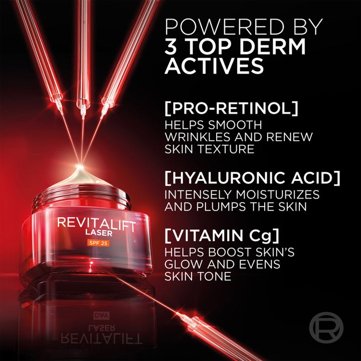 L'Oréal Paris Revitalift Laser 50 ml dagcreme i rød krukke med SPF 25 Pro-Retinol hyaluronsyre og Cg-vitamin.